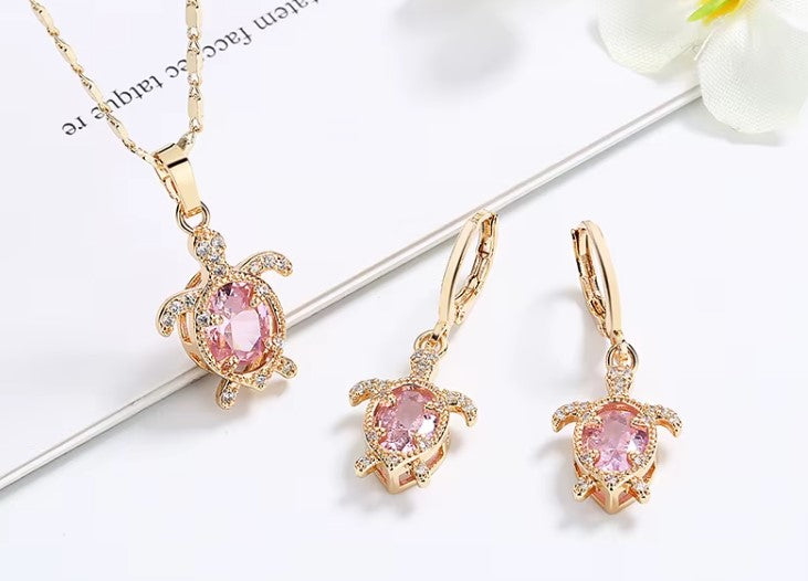 PINK Cute Turtle Quality 18K Gold Plated Cz Necklace and Earrings Sets Gift