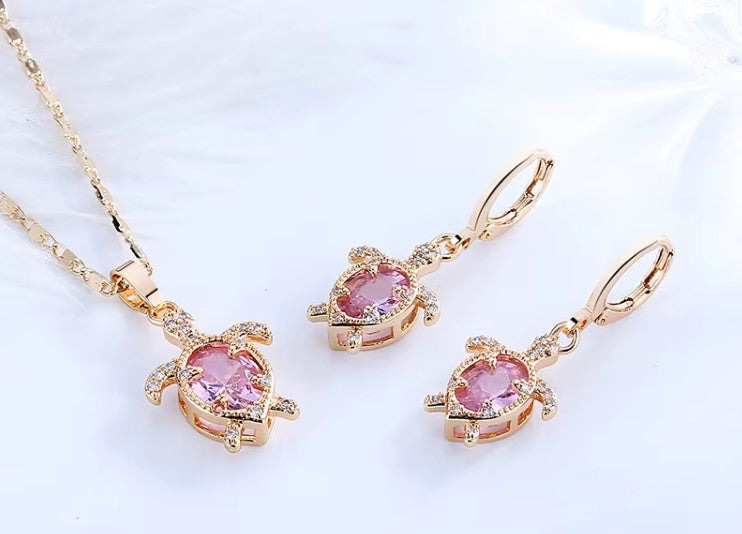 PINK Cute Turtle Quality 18K Gold Plated Cz Necklace and Earrings Sets Gift