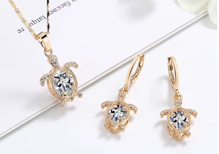 WHITE Cute Turtle Quality 18K Gold Plated Cz Necklace and Earrings Sets Gift (Copy)