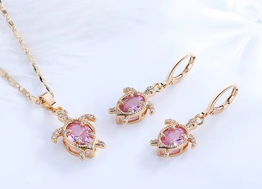 PINK Cute Turtle Quality 18K Gold Plated Cz Necklace and Earrings Sets Gift